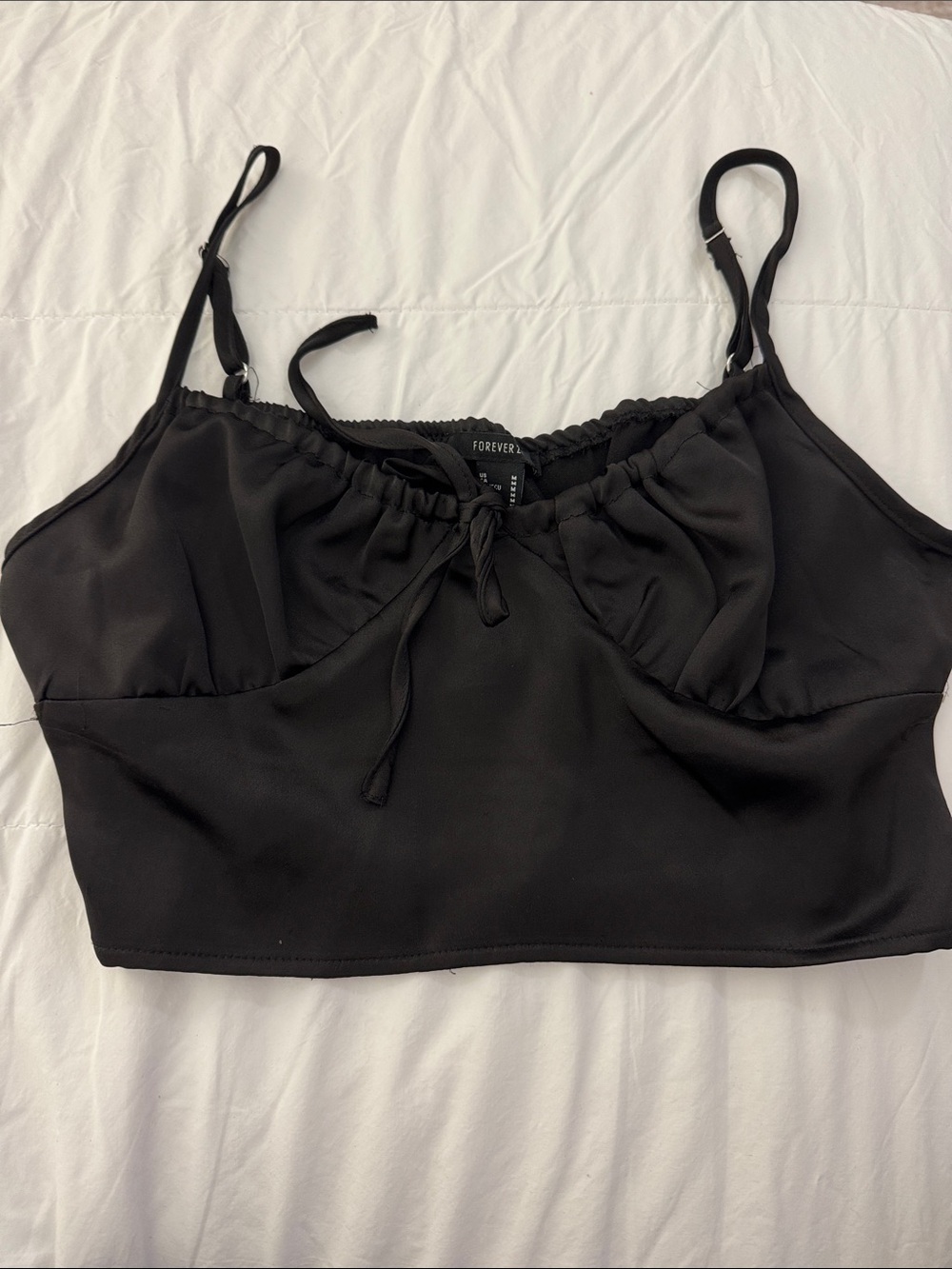 Forever 21 Black Satin Crop Cami with Front Tie
